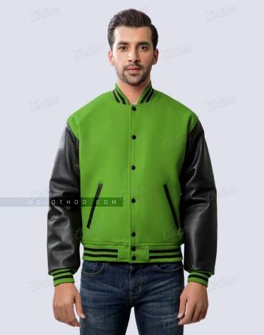 Kelly Green Wool and Black Faux Leather Sleeves Letterman Jacket