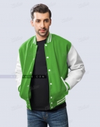 Kelly green varsity jacket with white leather sleeves casual