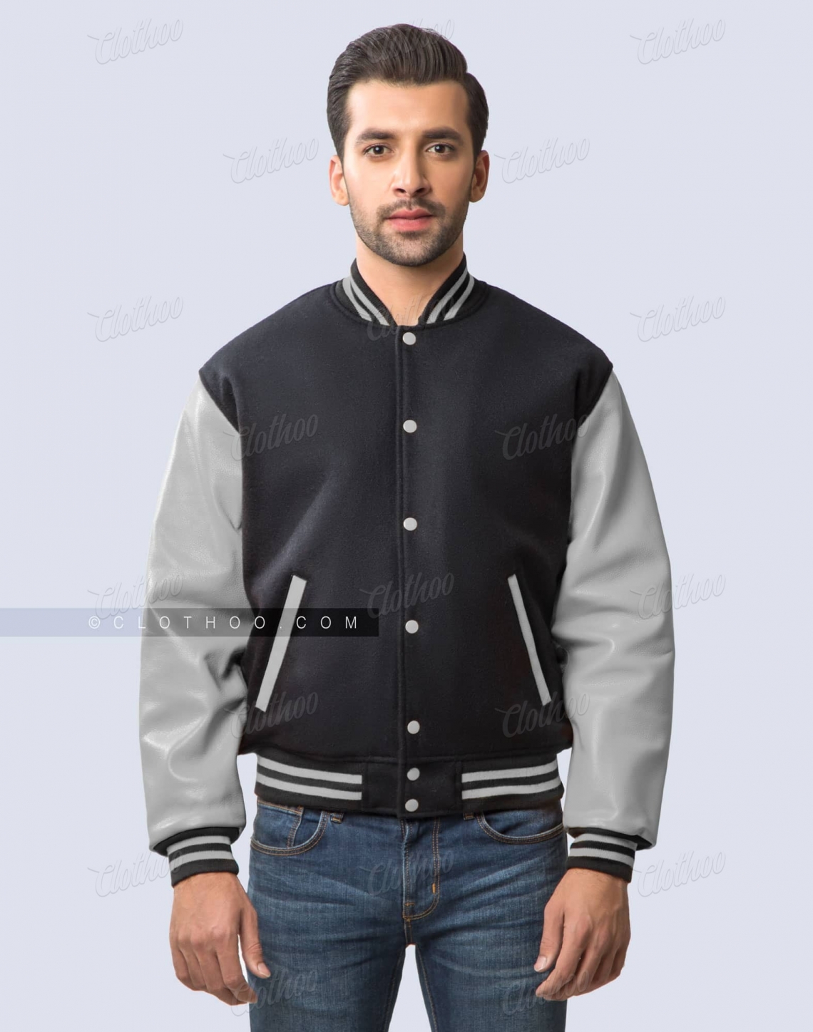 Black Wool Body & Light Grey Leather Sleeves Letterman Jacket