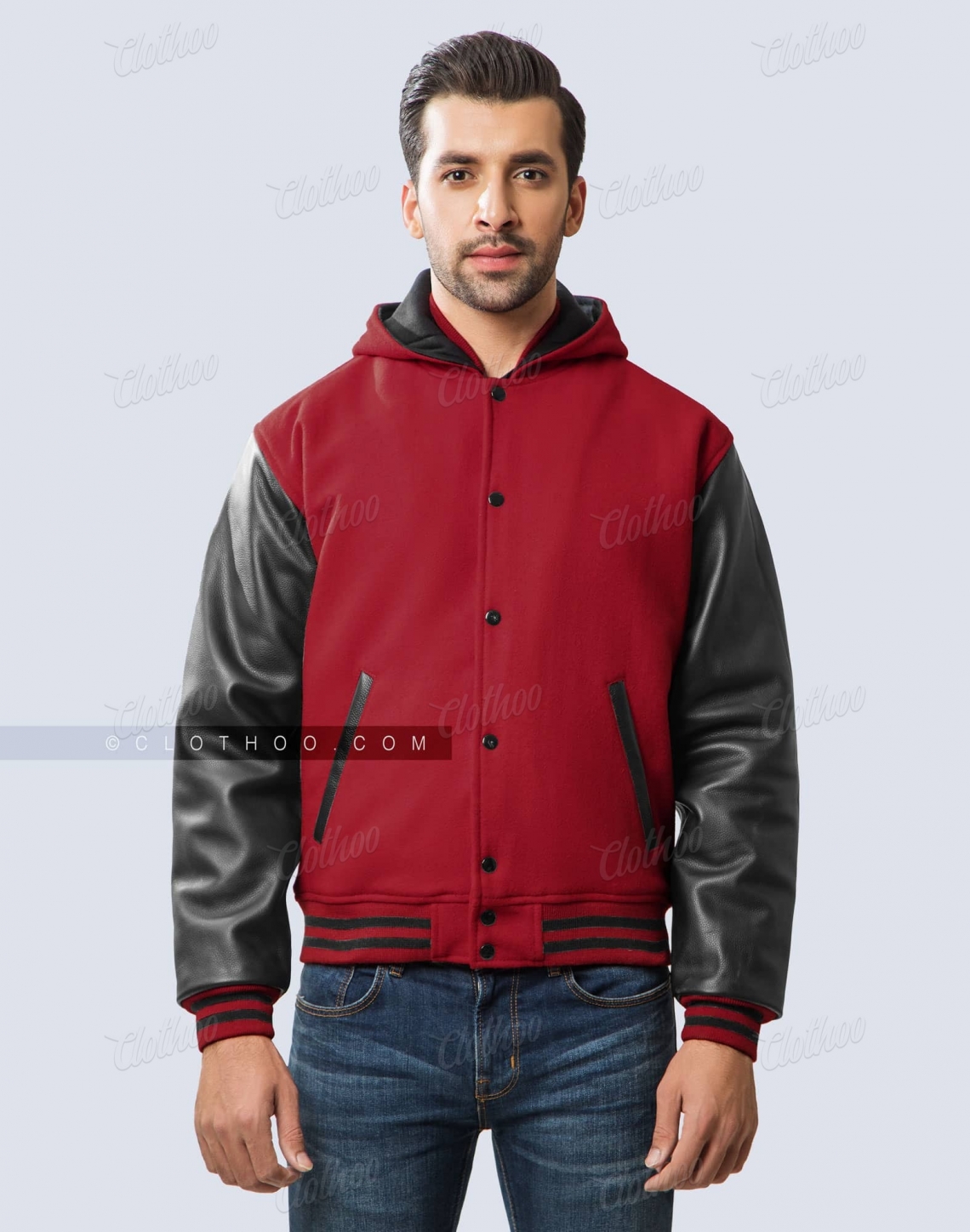 Light Maroon Black Leather Varsity Jacket With Hood