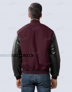 Maroon Body and Black Leather Sleeves Varsity Jacket Back