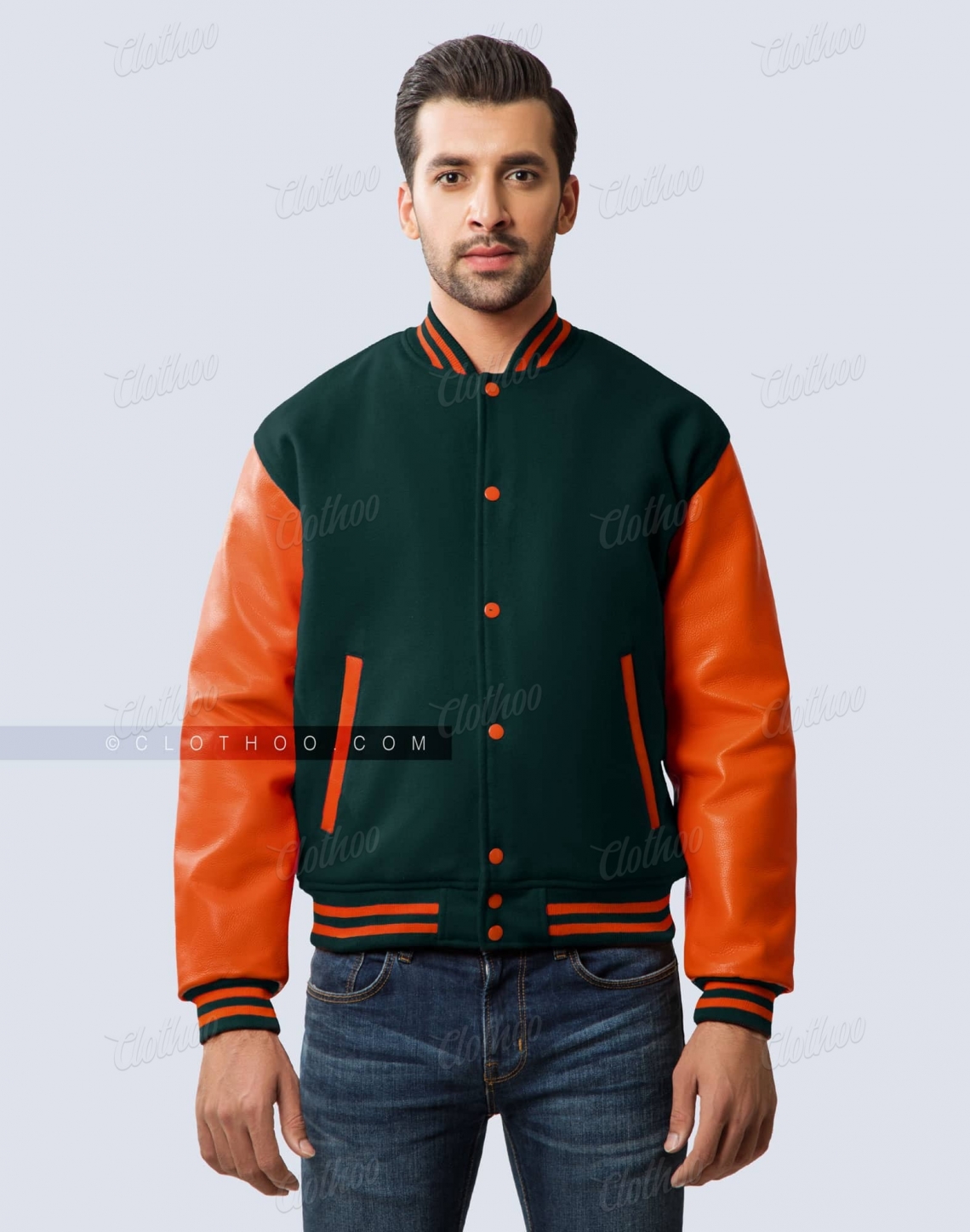 Green Wool Body Orange Leather Sleeves Varsity Jacket Miami