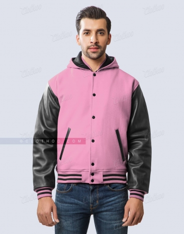 Baby Pink Wool and Black Leather Sleeves Varsity Hoodie