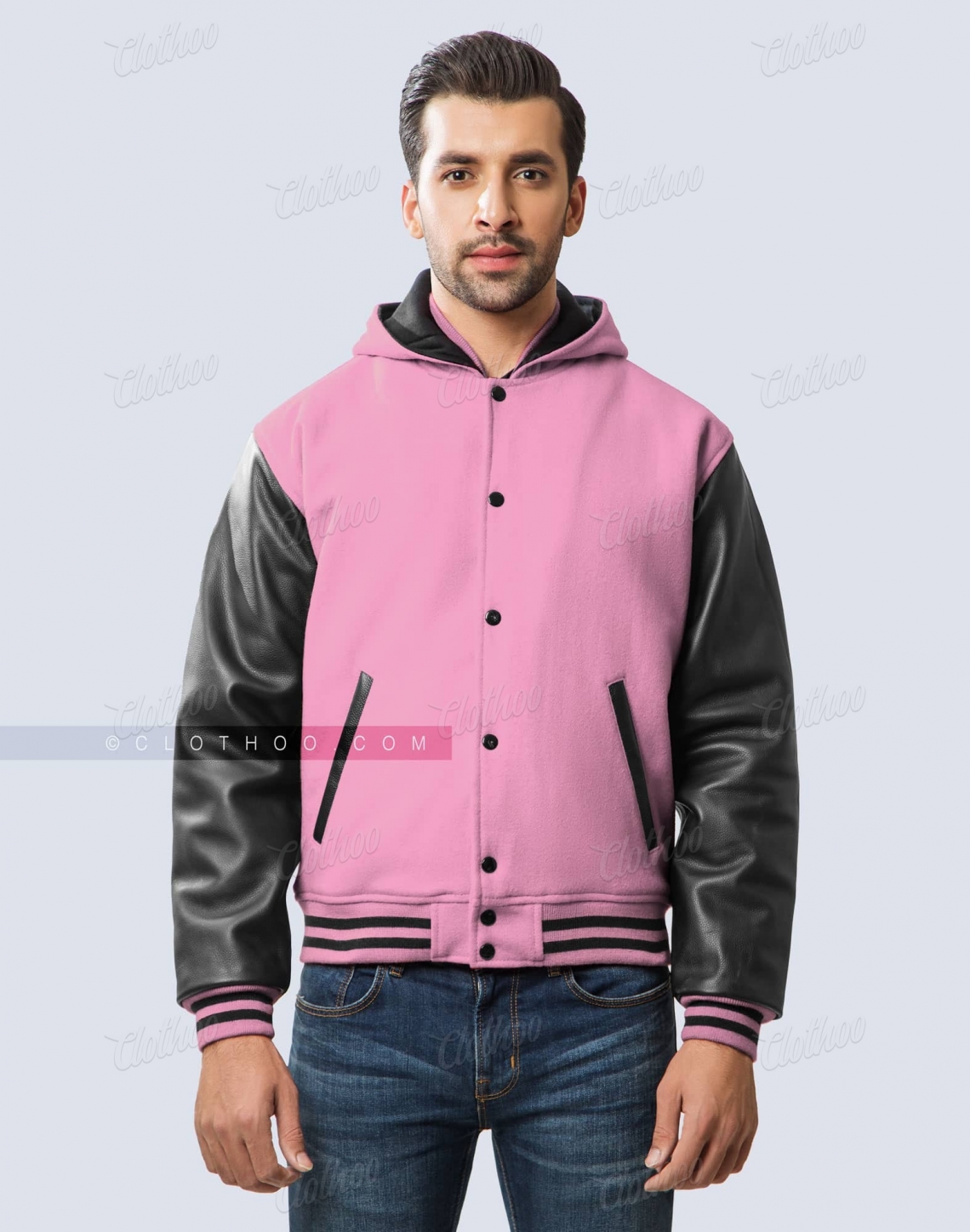 Baby Pink Black Letterman Jacket With Hood