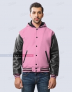 Baby Pink Black Letterman Jacket With Hood