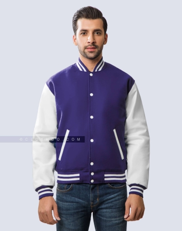 Purple Wool and White Leather Sleeves Letterman Jacket