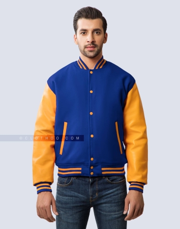 Royal Blue Wool and Gold Leather Sleeves Letterman Jacket