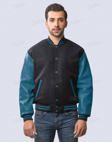 Black Wool and Teal Leather Sleeves Varsity Jacket