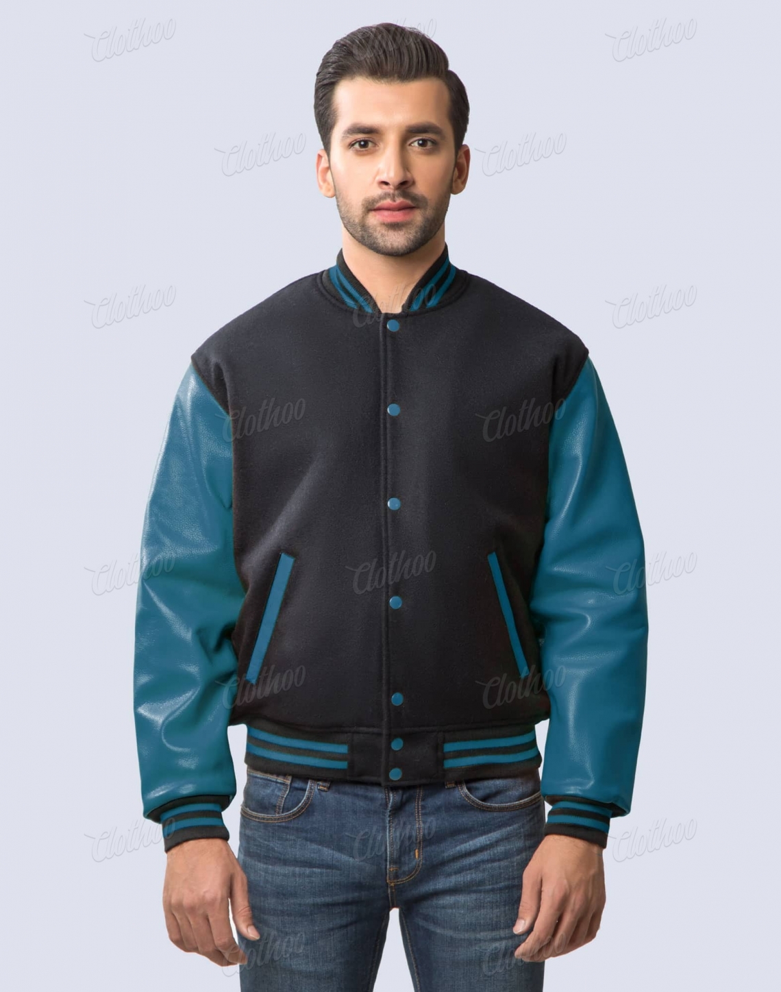 black wool body teal blue leather sleeves varsity jacket eagles