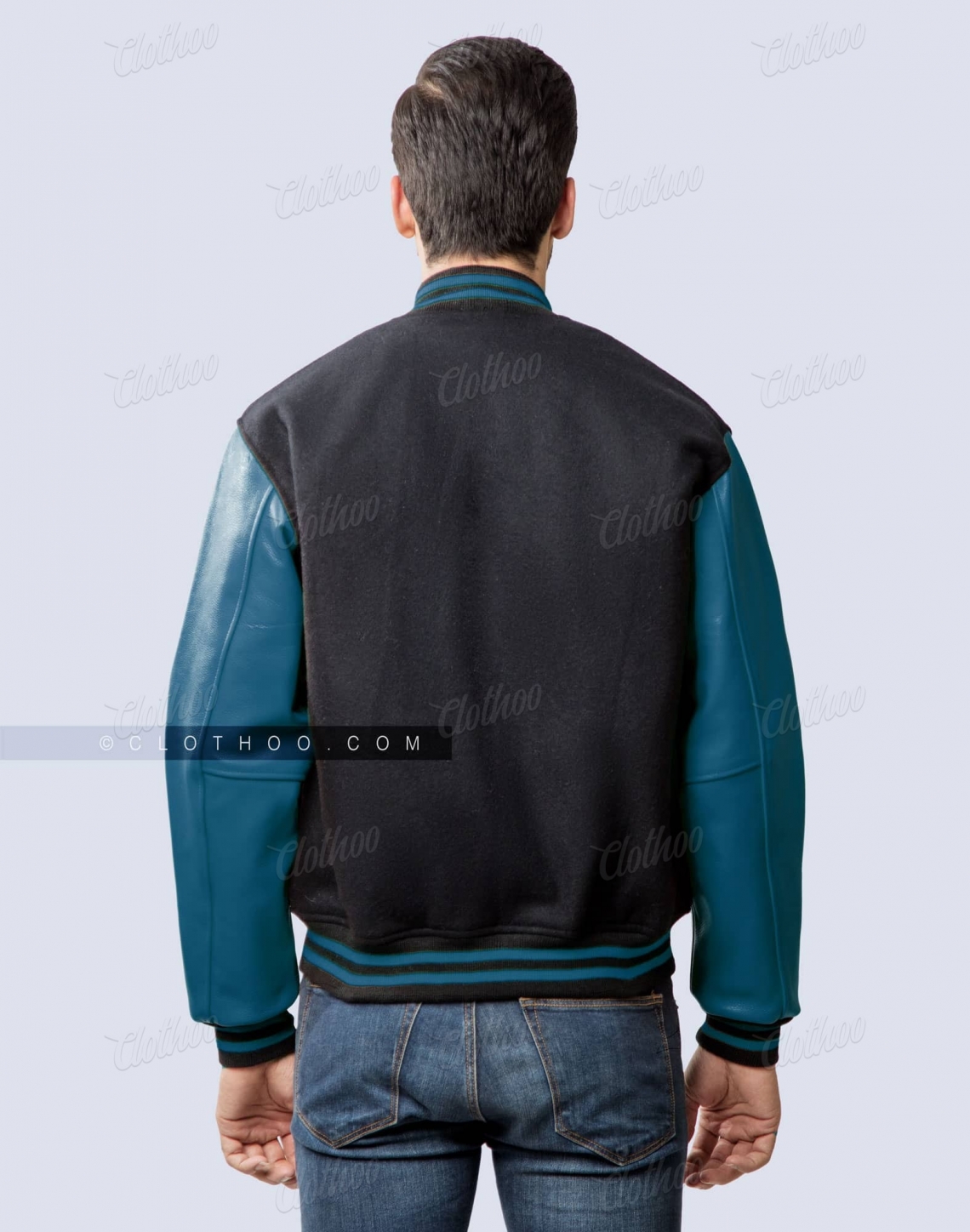 black wool body teal blue leather sleeves varsity jacket eagles