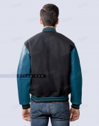 black wool body teal blue leather sleeves varsity jacket eagles