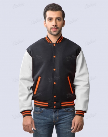 Black Wool and White Faux Leather Sleeves Varsity Jacket