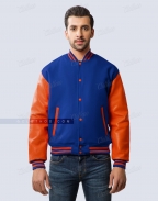 Royal Blue Wool Body and Orange Leather Sleeves Varsity Jacket