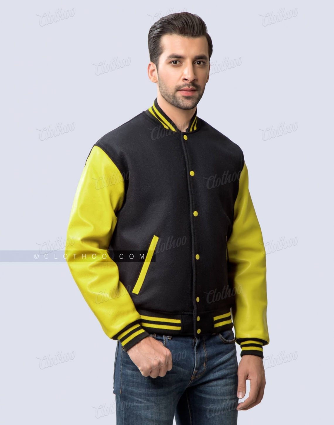 Black Body Yellow Leather Sleeves Varsity Jacket