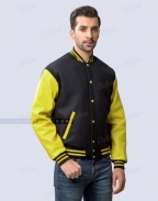 Black Body Yellow Leather Sleeves Varsity Jacket