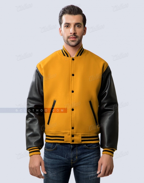 Athletic Gold Letterman Jacket with Black Leather Sleeves.