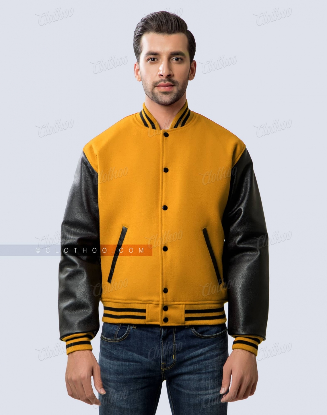 Athletic Gold Letterman Jacket with Black Leather Sleeves.