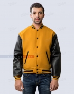 Athletic Gold Letterman Jacket with Black Leather Sleeves.