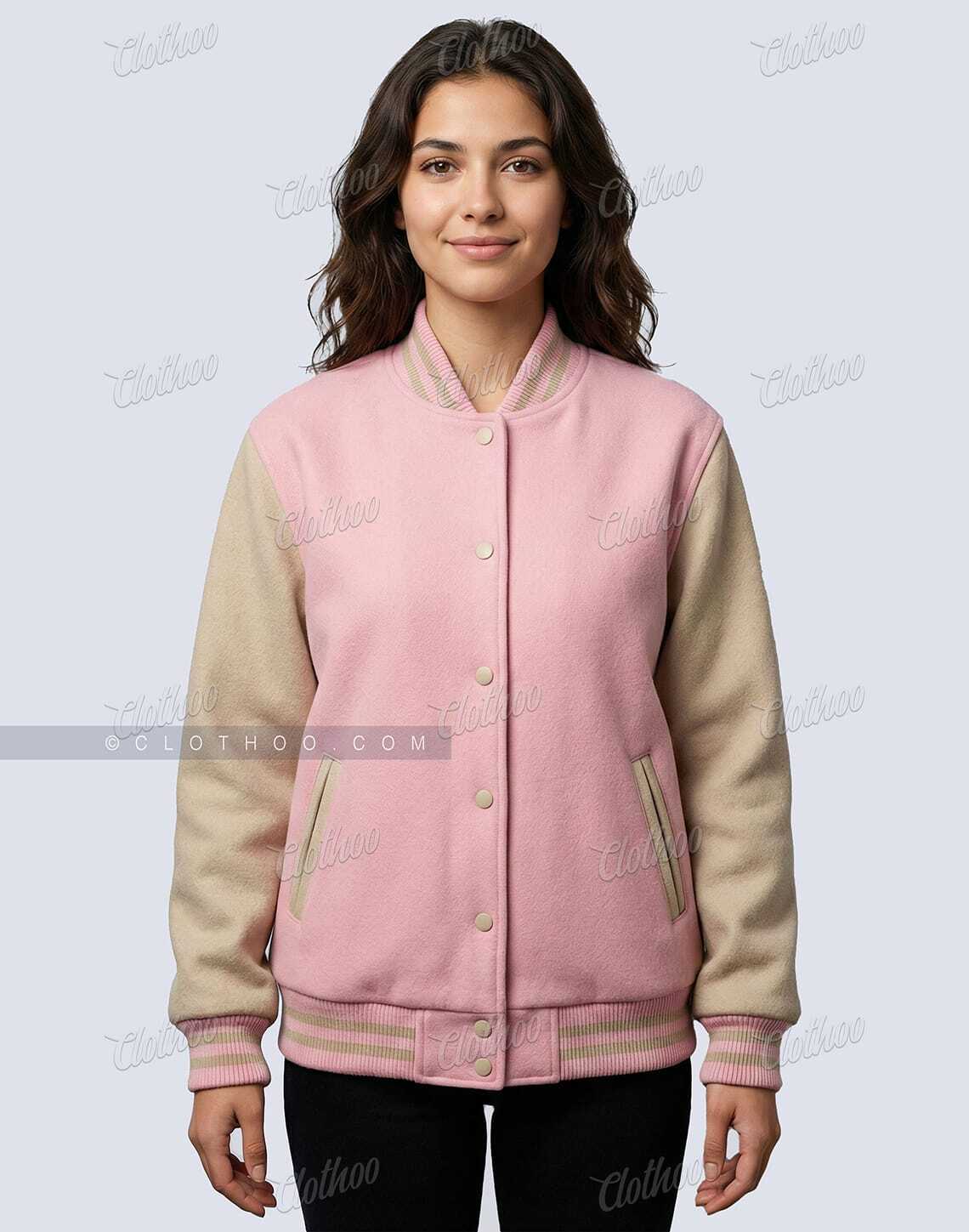 Related Product: Baby Pink Beige Wool Varsity Jacket Women Front Clothoo