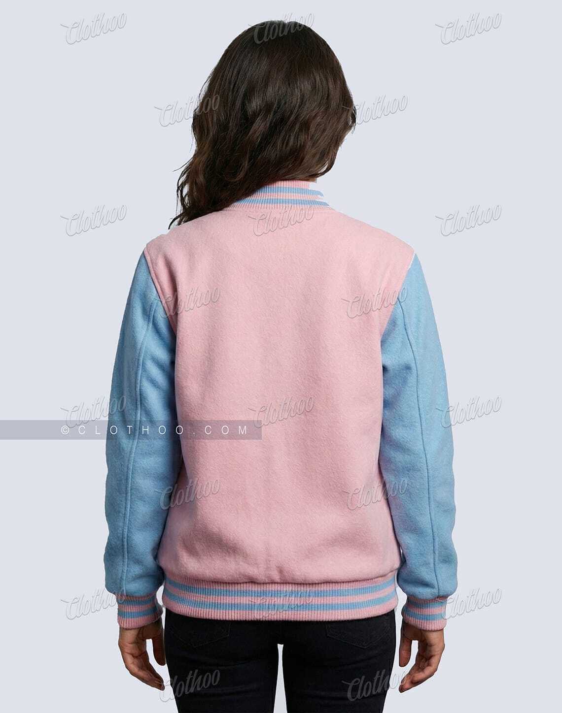 Back view of women’s baby pink and sky blue wool varsity jacket showing color block sleeves