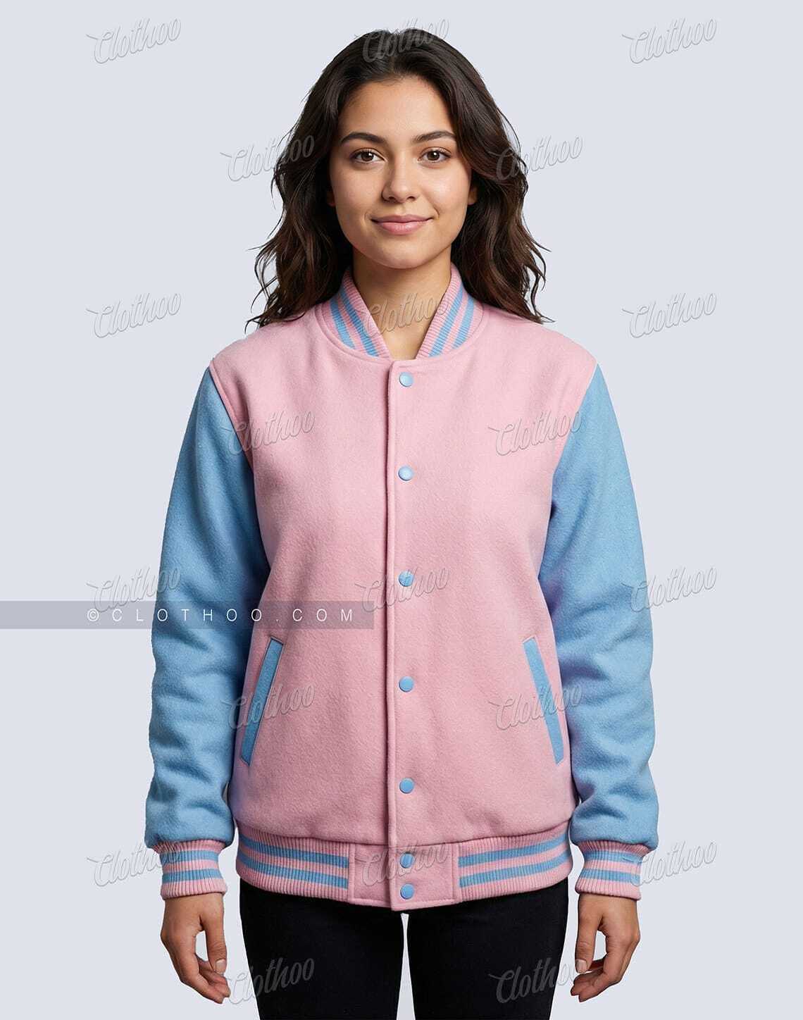 Front view of women’s baby pink and sky blue wool varsity jacket by Clothoo