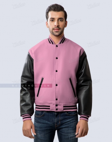 Pink Wool and Black Leather Sleeves Varsity Jacket