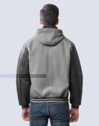 Black Leather Sleeves Grey Hooded Jacket