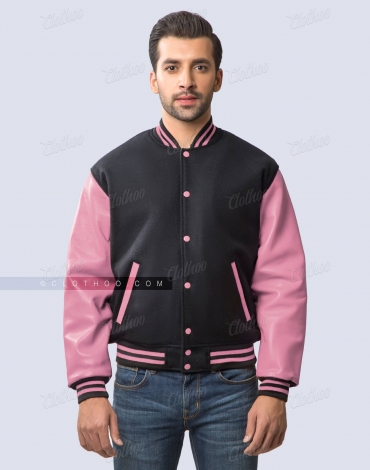 Black Wool and Pink Leather Sleeves Letterman Jacket