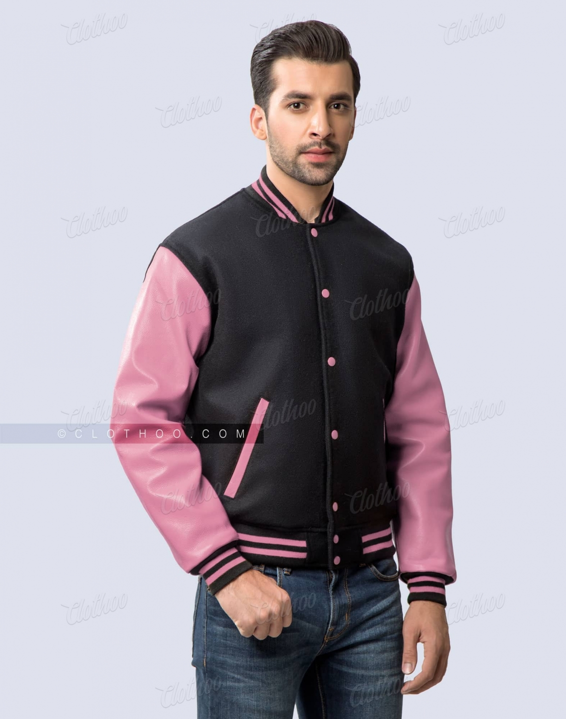 Black and Baby Pink Leather Sleeves Letterman Jacket