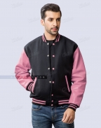 Black Wool Baby Pink Leather Sleeves Varsity Jacket