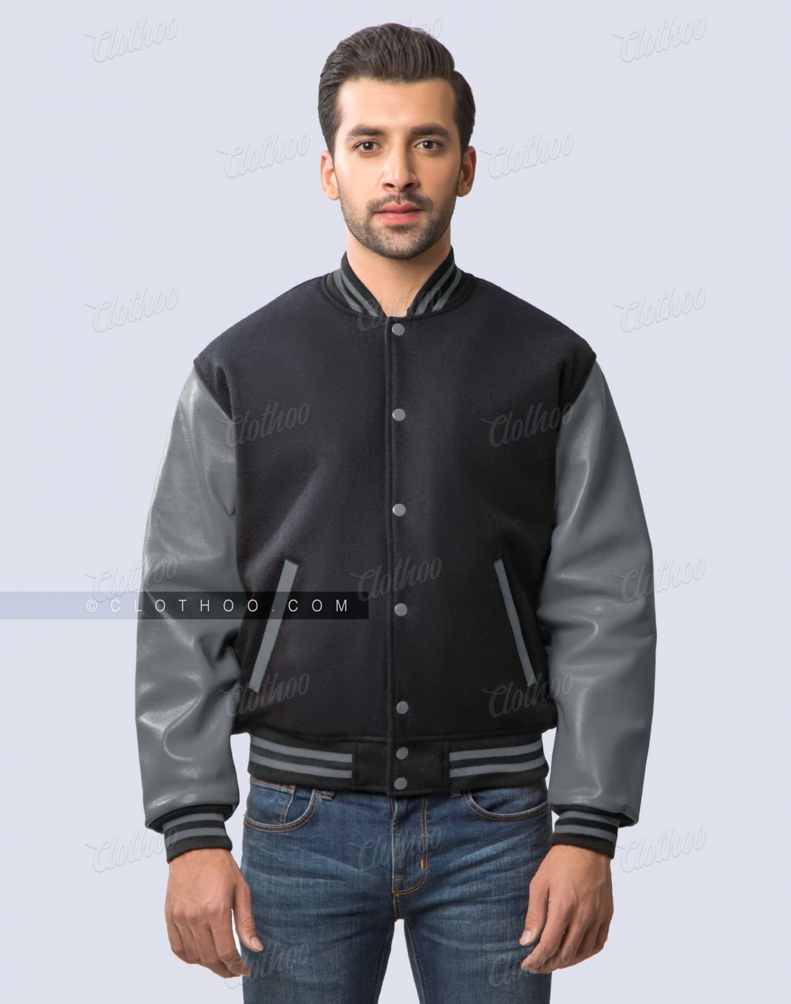 Black wool body and dark grey leather sleeves letterman jacket