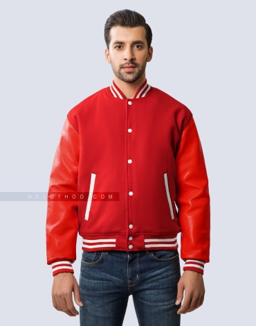 Red Wool and Red Leather Sleeves Letterman Jacket
