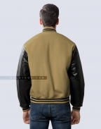 Camel Brown Wool & Black Leather Varsity Jacket