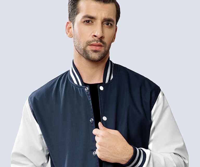  Navy breathable cotton twill varsity jacket for spring team outfits. 