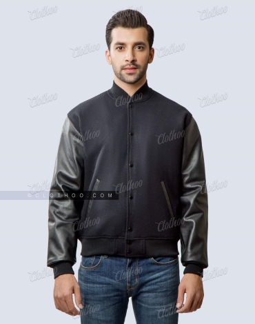 All Black Wool and Leather Sleeves Letterman Jacket