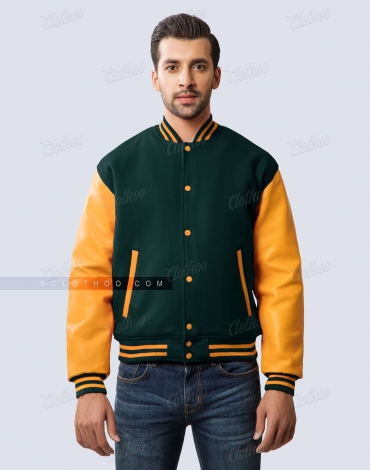 Dark Green Wool and Gold Leather Sleeves Letterman Jacket