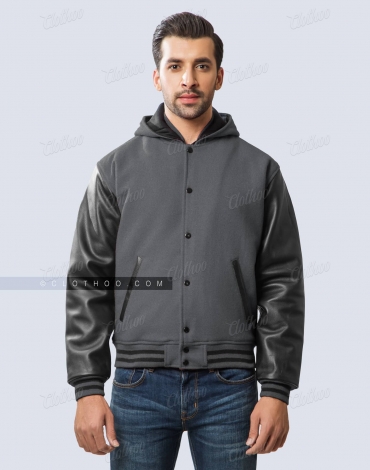 Dark Gray Wool and Black Leather Sleeves Varsity Jacket with Hood