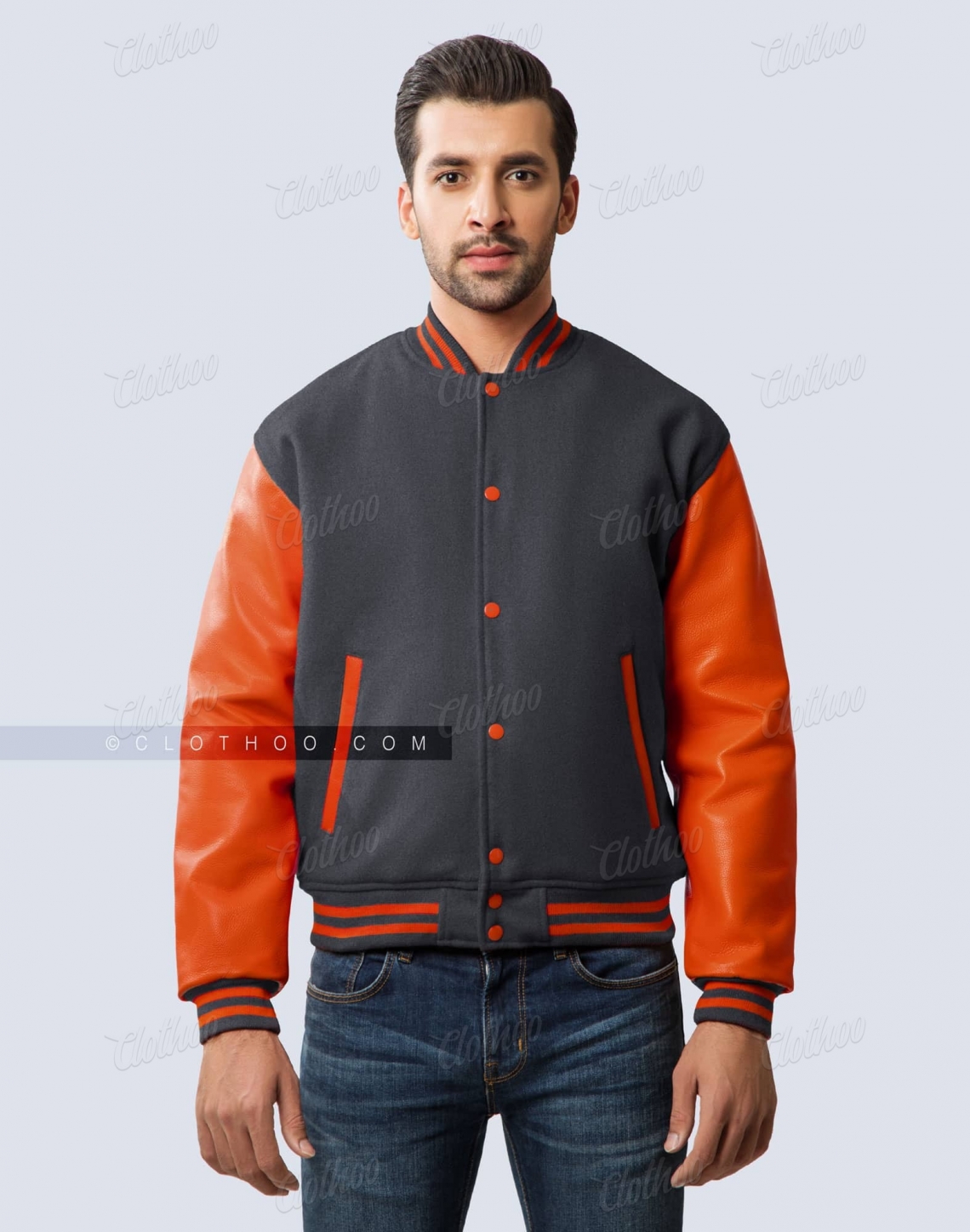 Dark Grey Wool Body & Orange Leather Sleeves Letterman Jacket