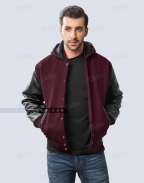 Dark Maroon Hoodie Letterman Jacket with Black Sleeves