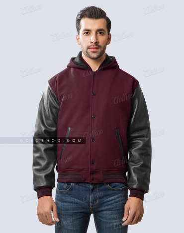 Dark Maroon Wool and Black Leather Sleeves Hooded Letterman Jacket