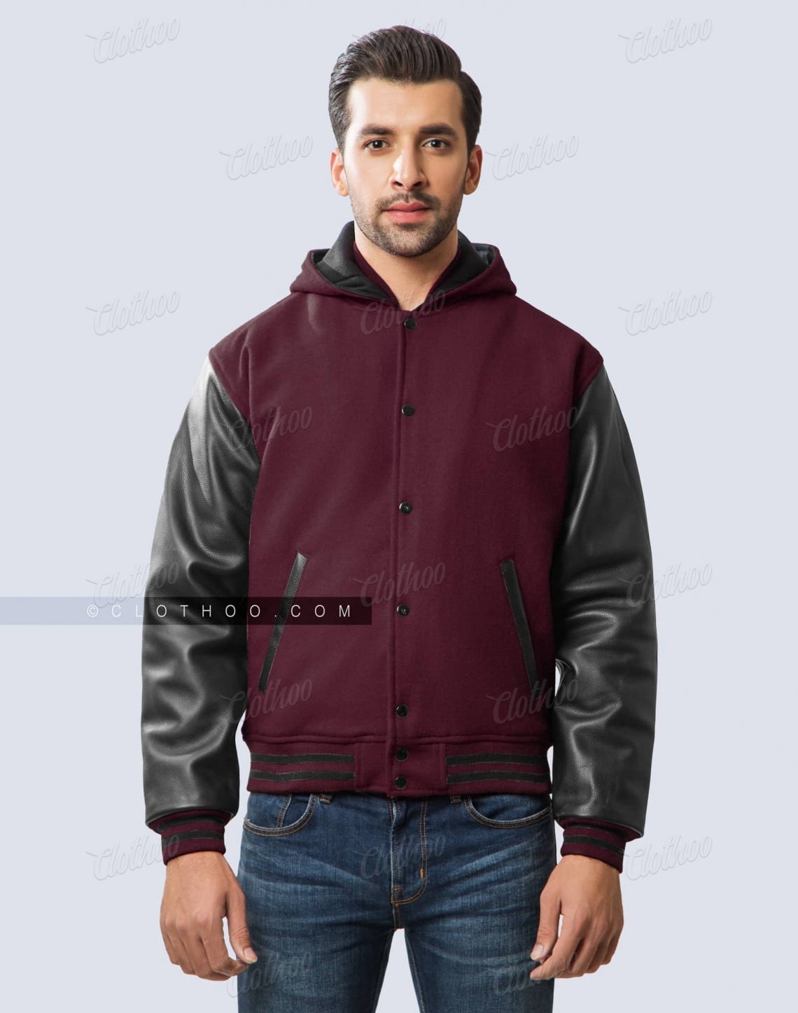 Dark Maroon Hoodie Letterman Jacket with Black Sleeves