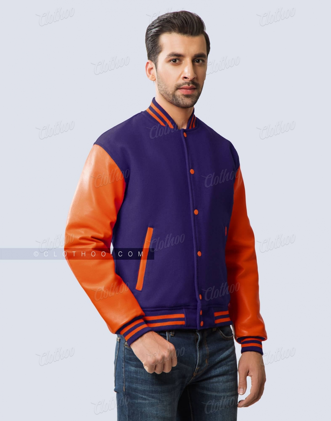 Dark Purple Wool Body & Orange Leather Sleeves Varsity Jacket