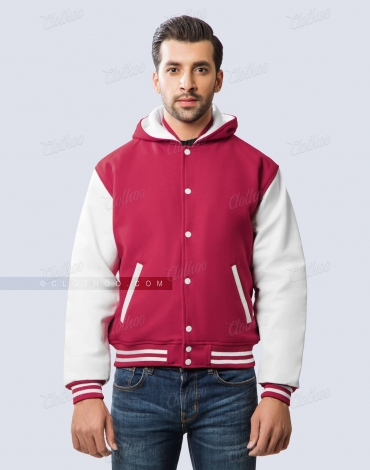 Hot Pink Wool and White Leather Sleeves Varsity Hoodie