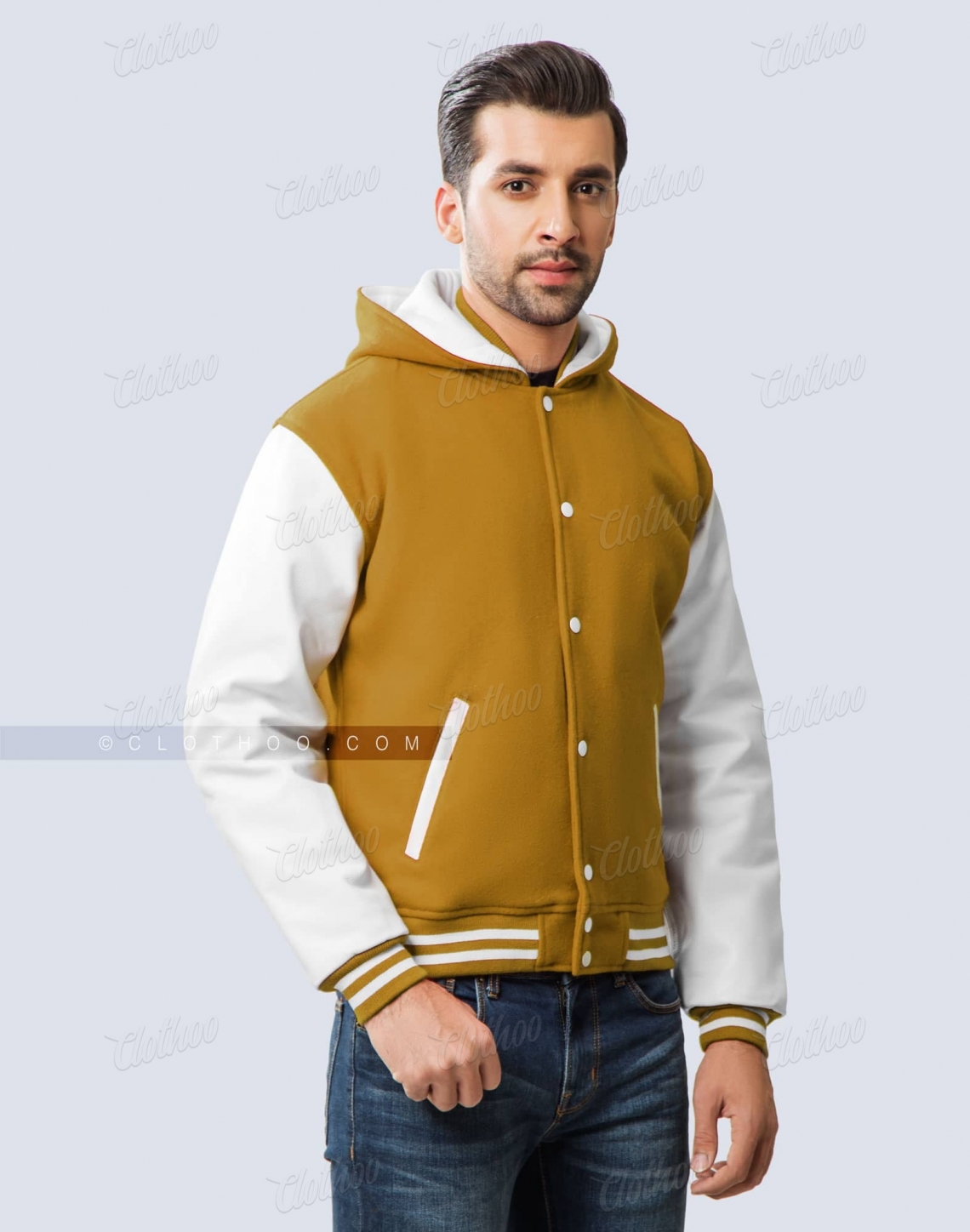 Old Gold Letterman Jacket with Hood Side