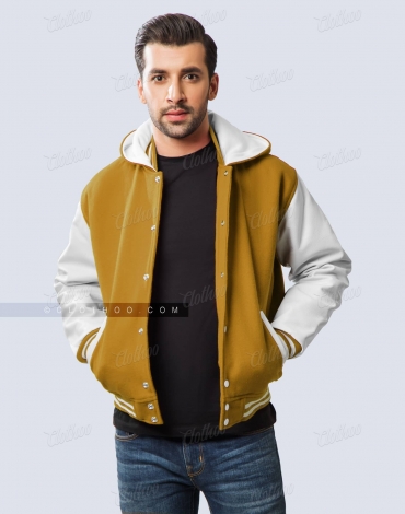 Old Gold Wool and White Leather Sleeves Hooded Varsity Jacket