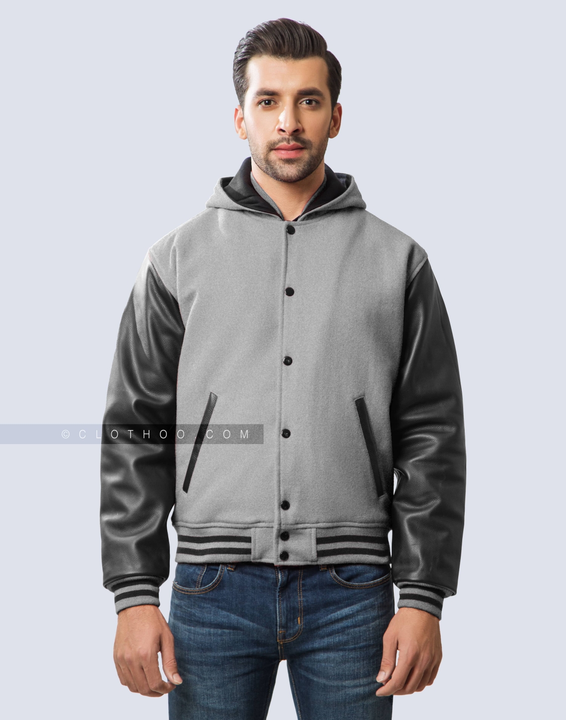 Grey Hooded Varsity Jacket Black Sleeves