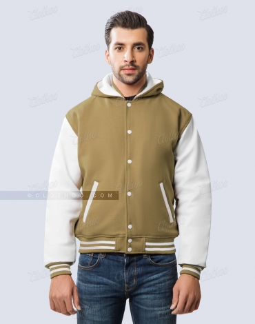 Camel Brown Wool and White Leather Sleeves Varsity Jacket with Hood