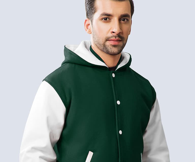  Dark green wool body and hood with white leather sleeves. 
