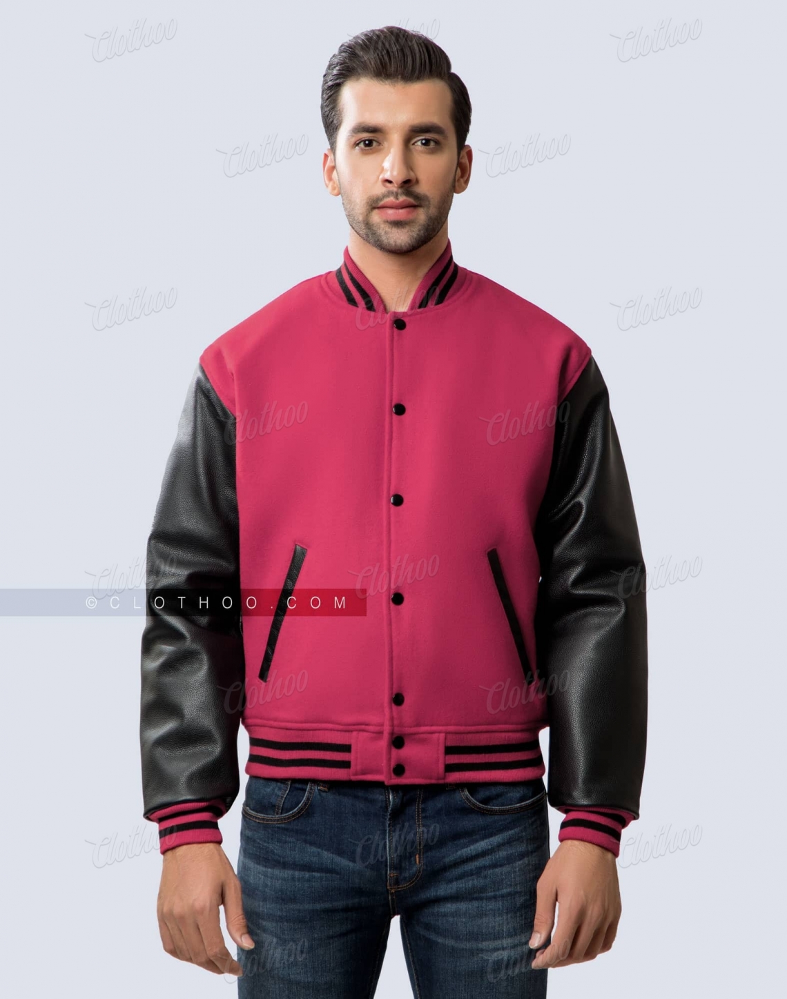 Hot Pink Wool Body & Black Leather Sleeves Letterman Jacket