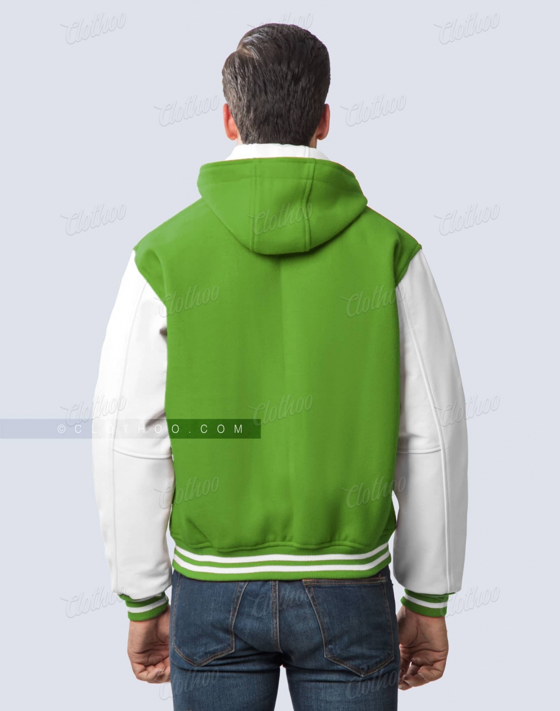 Kelly Green Letterman Hoodie with white sleeves back